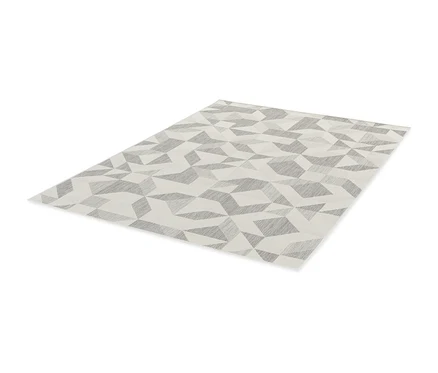 Ein faltbarer Outdoor-Teppich im Mosaik-Design, grau und weiss.