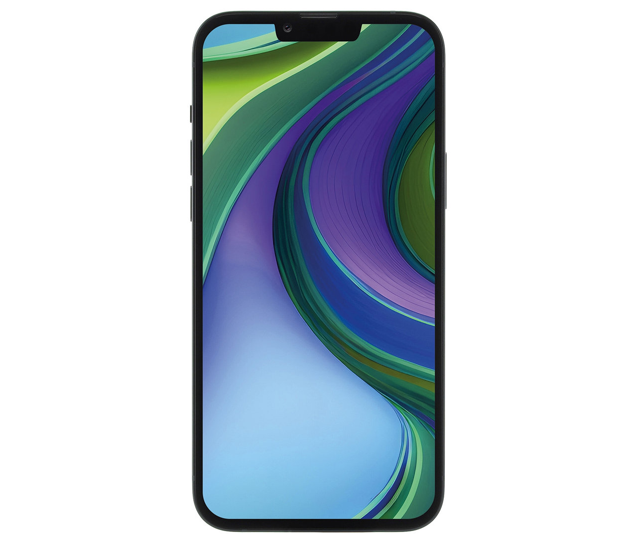 Frontansicht eines schwarzen Apple iPhone 14 mit einem Display, das einen abstrakten farbigen Hintergrund anzeigt.