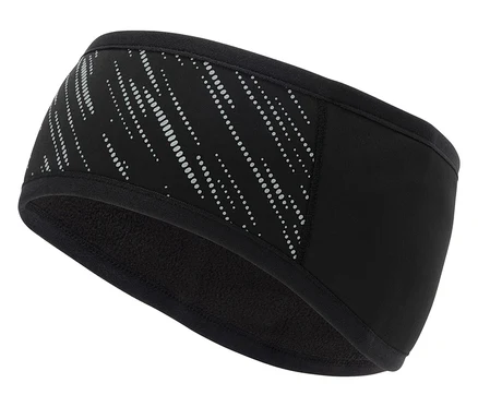 Schwarzes Sportstirnband mit reflektierenden Elementen auf weißem Hintergrund.