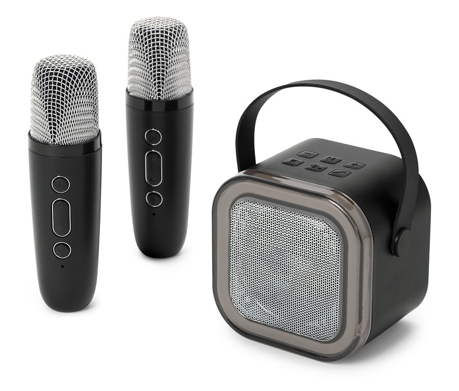 Zwei Mikrofone und ein schwarzer Lautsprecher auf einem weißen Hintergrund.