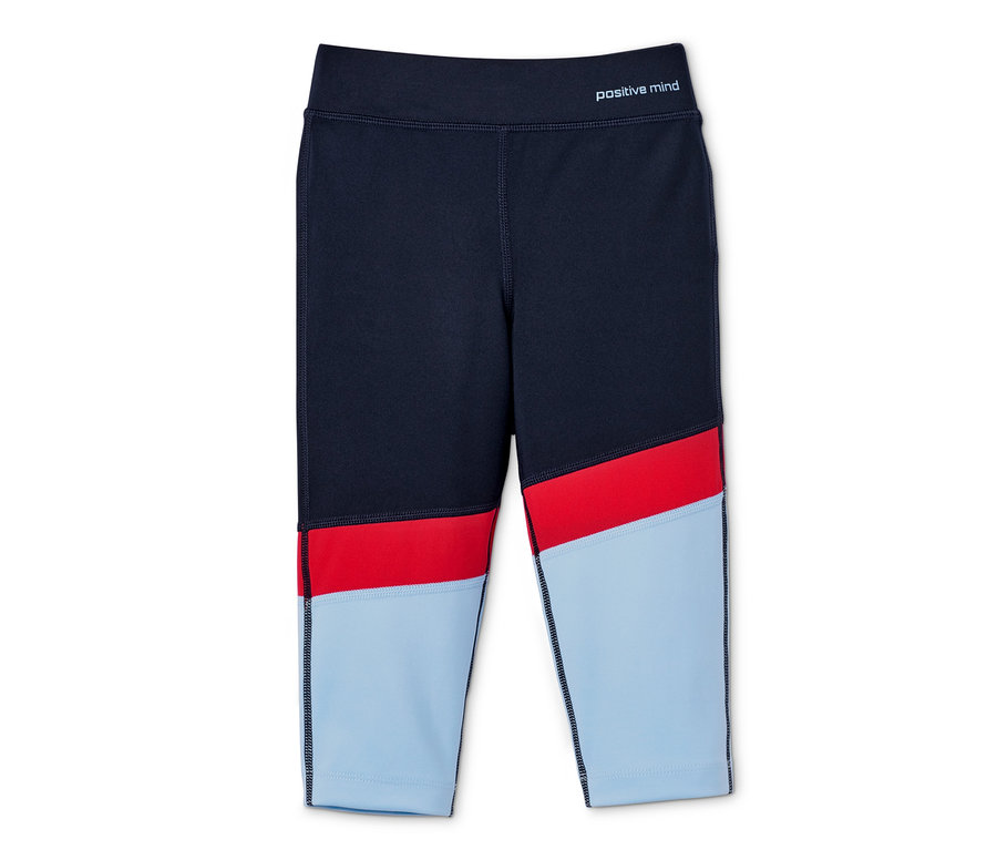 Eine marineblaue 3/4-Sporttights mit hellblauen und roten Farbblöcken.