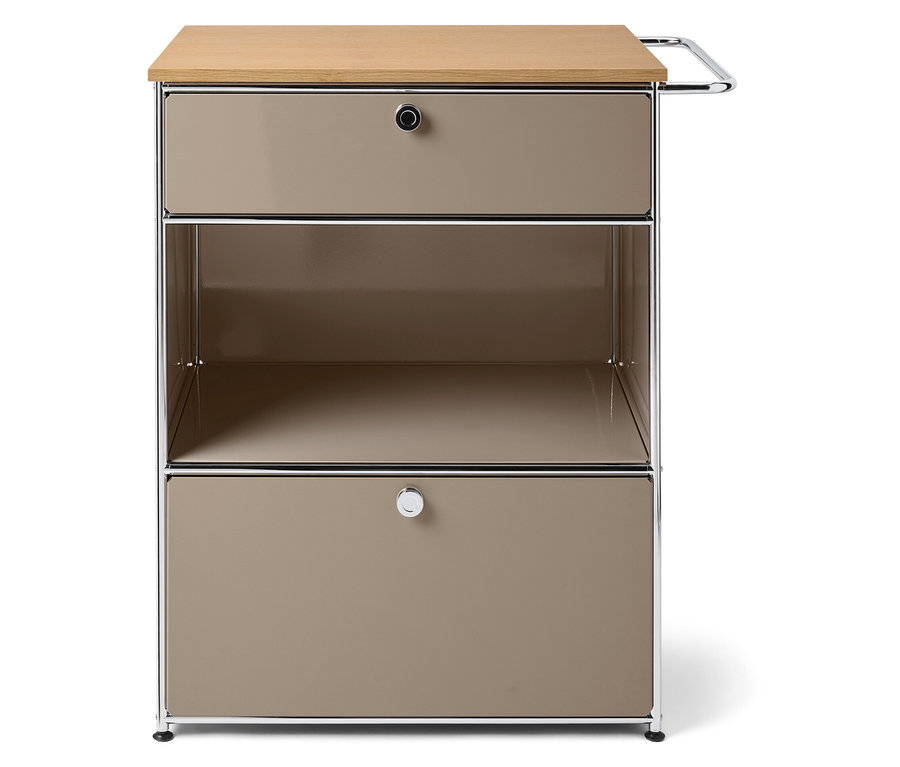 Beige Aufbewahrungseinheit mit zwei Schubladen und einer Holzplatte.