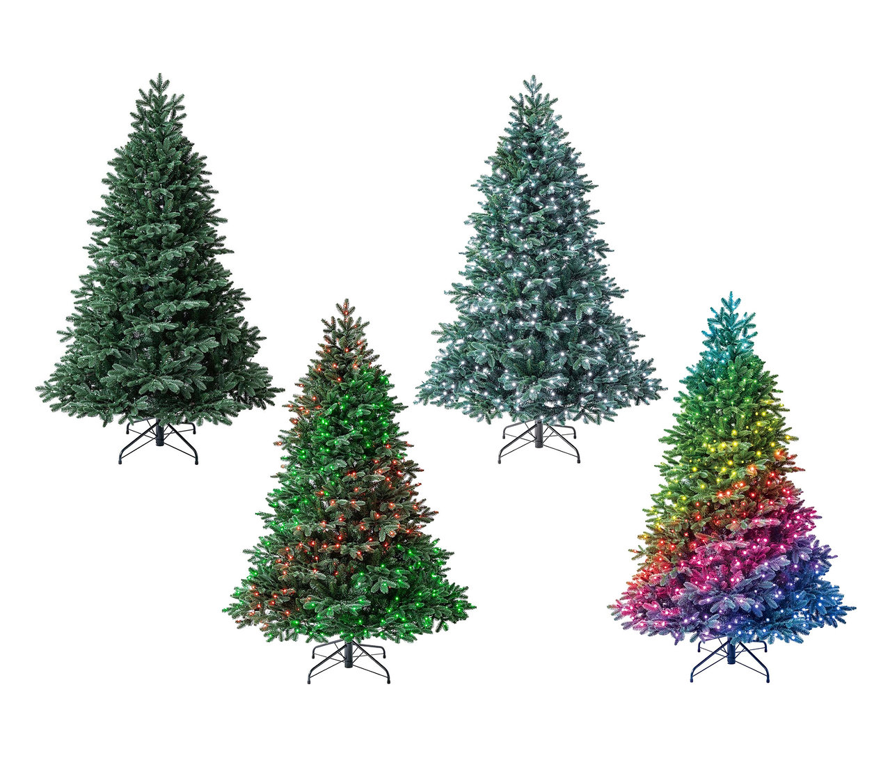 Vier verschiedenfarbige LED-Weihnachtsbäume »Coloris« stehen nebeneinander aufgereiht.