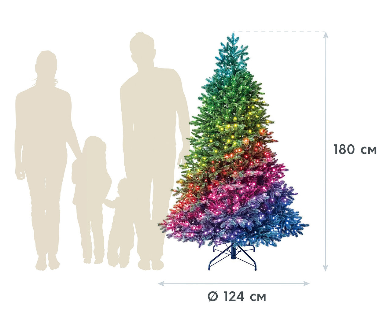 Silhouette einer Familie, die neben einem 180 cm LED-Weihnachtsbaum "Coloris" steht.
