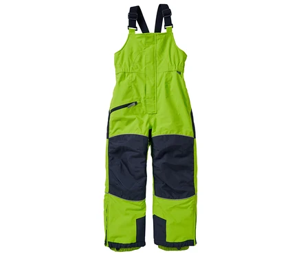 Helle grüne JAKO-O Schneelatzhose mit marineblauen Kniebereichen und Hosensäumen.