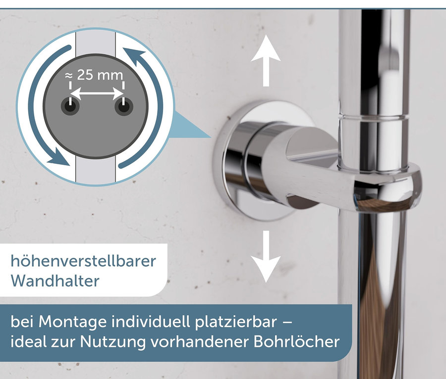 Höhenverstellbarer Wandhalter des chromfarbenen Überkopfbrause-Sets »Mallorca« zur individuellen Montage.