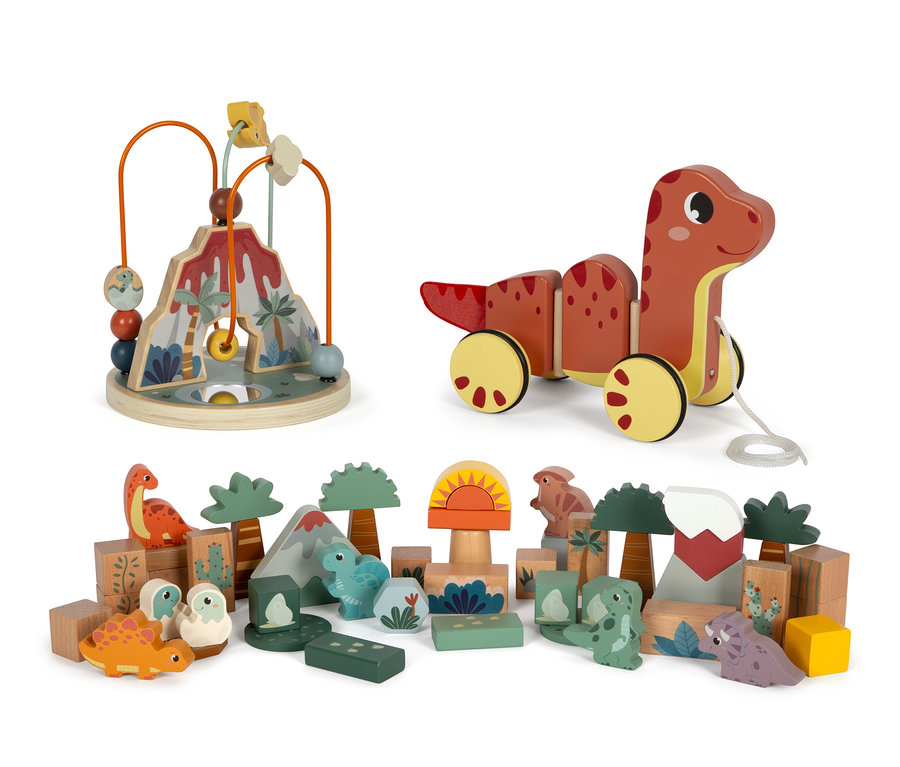 Aufgereiht ist ein Small Foot Set Nachziehtier, Holzbausteine und Motorikschleife "Dino".