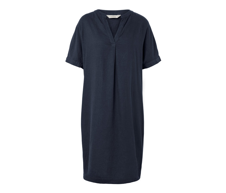 Ein blaues Leinenkleid mit kurzen Ärmeln und V-Ausschnitt.
