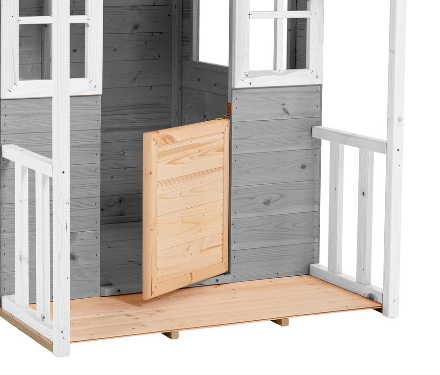 Detailansicht des grauen Kinderspielhauses »Valli« mit offener Tür.