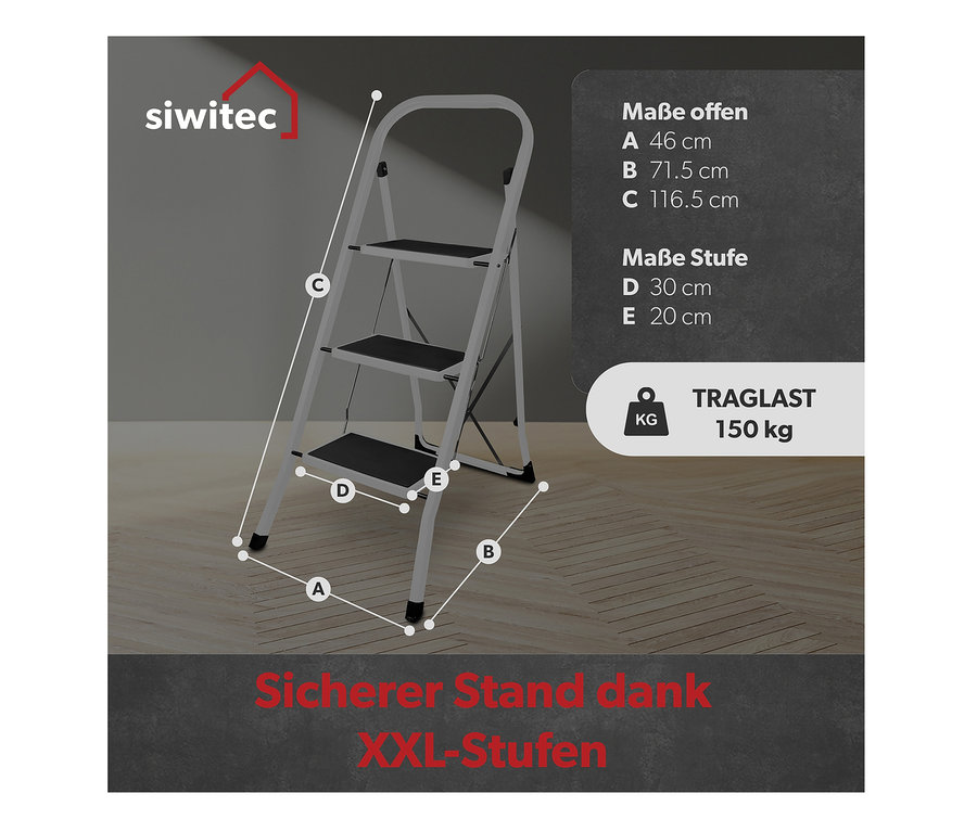 Ein anthrazitfarbener Klapptritt mit drei Stufen.