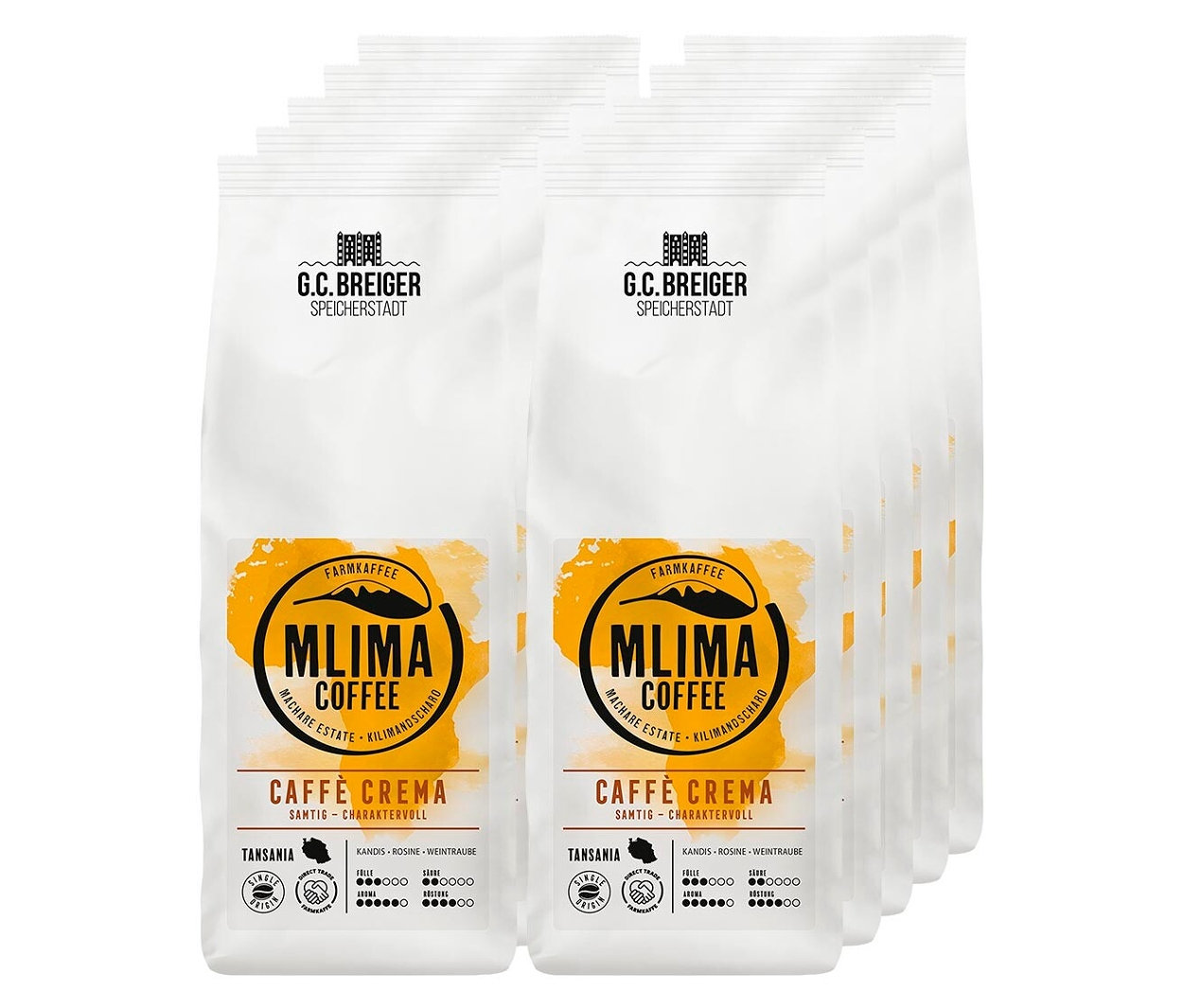 Packungen von G. C. Breiger - MLIMA Coffee - Caffè Crema - 10x 500 g Ganze Bohne.