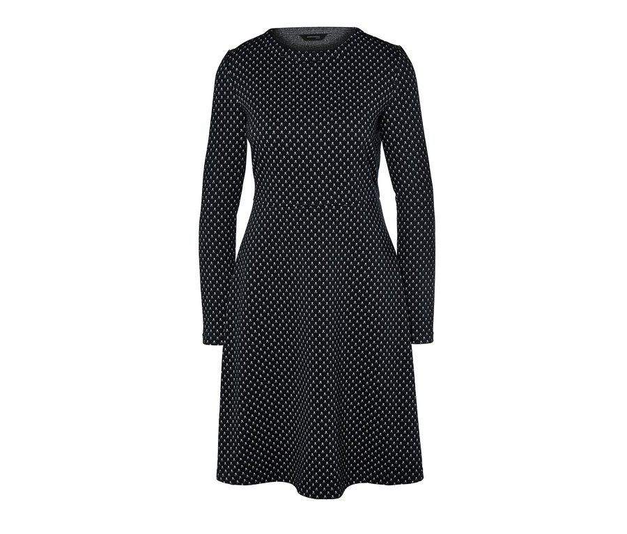 Schwarzes Jacquard-Kleid mit langen Ärmeln.