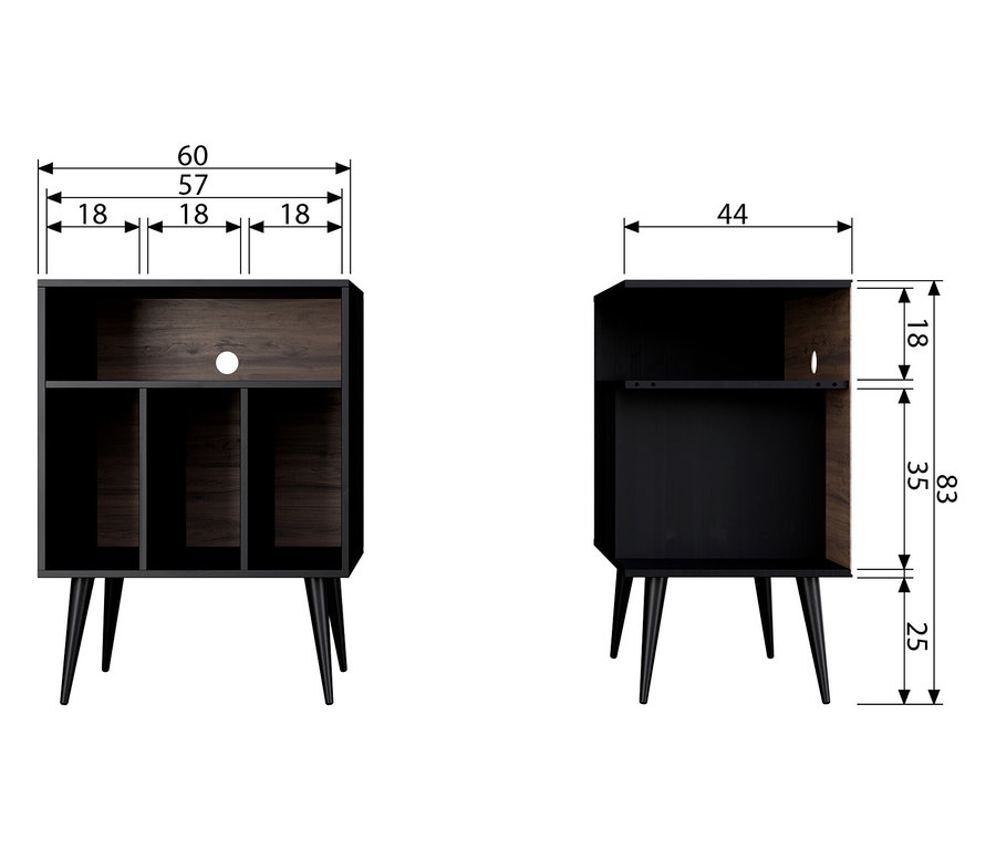 Zwei Ansichten des Woood Schrank »James«, schwarz-walnuss mit Abmessungen.