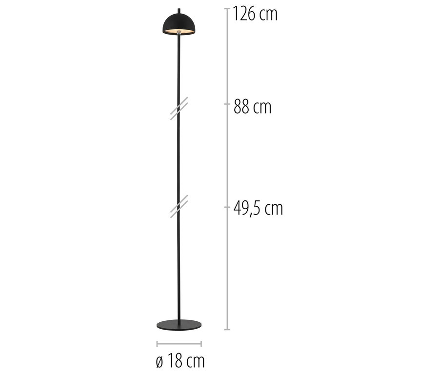 Schwarze Stehlampe mit Maßangaben.