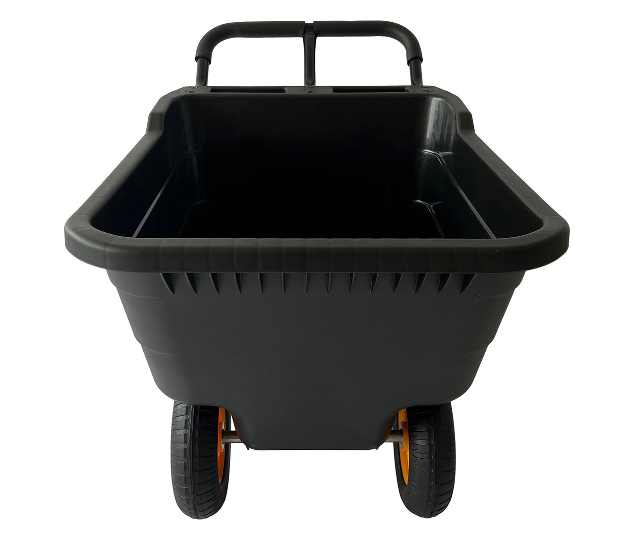 Schwarze Schubkarre mit zwei Rädern und gelben Felgen.