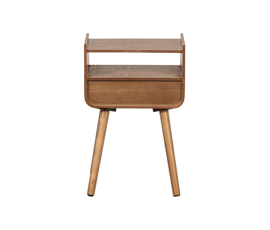 Detailaufnahme vom Woood Nachttisch »Nils« aus Naturholz mit zwei Regalen und einer Schublade.