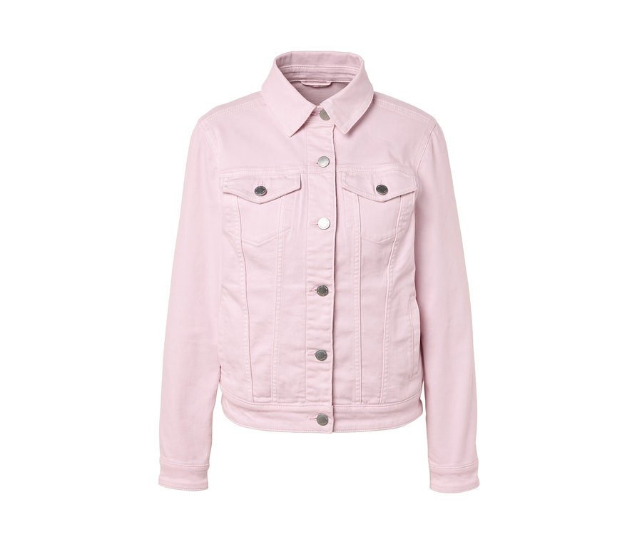 Rosa Jeansjacke mit Knöpfen.