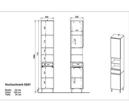 Zeichnungen eines großen, weißen Hochschranks »Salinas« mit Maßangaben.