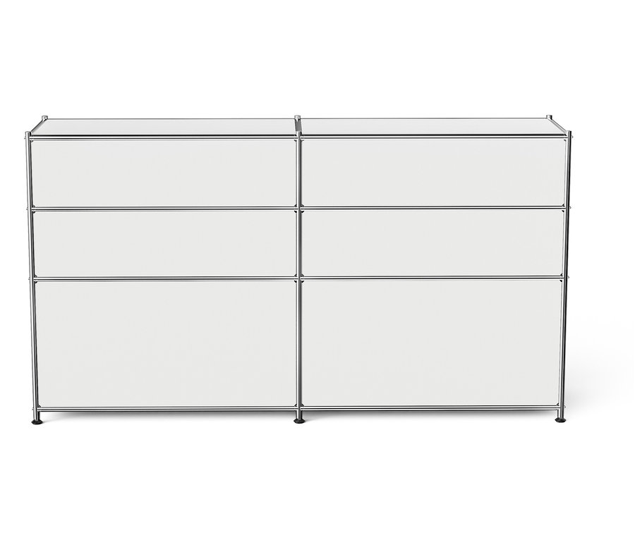 Weißes modulares Aufbewahrungssystem mit sechs Fächern und einem Chromrahmen.