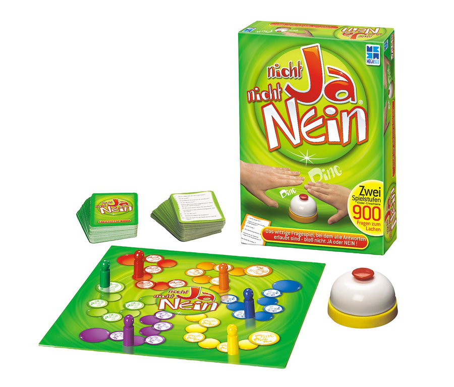 Auf dem Bild sind das Brettspiel, Karten und Klingel von 'Spiel Nicht Ja, nicht Nein' zu sehen.