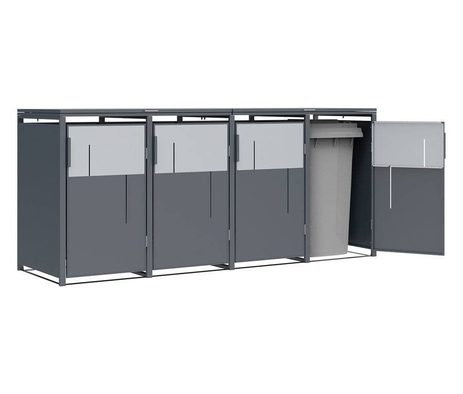 Grauer Metall-Müllcontainer mit geöffneter Tür, die einen Müllbehälter im Inneren zeigt.