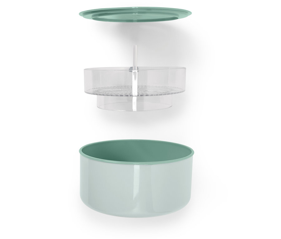 Explodierte Ansicht eines Frischhaltebehälters mit grünem Deckel, durchsichtigem Einsatz und hellgrünem Behälter.