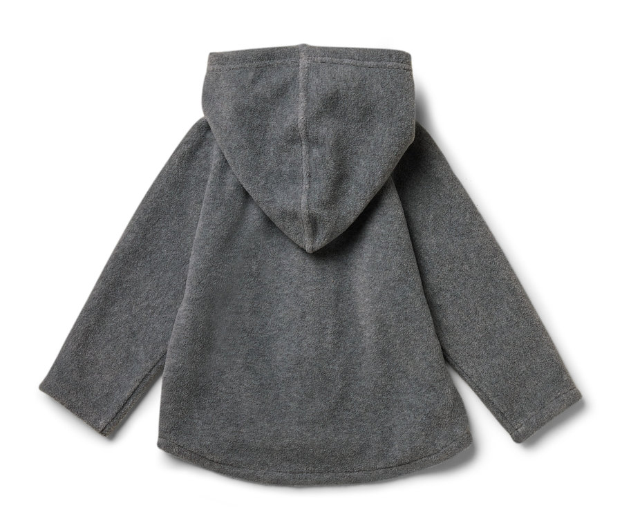 Graue Baby-Fleecejacke von hinten.