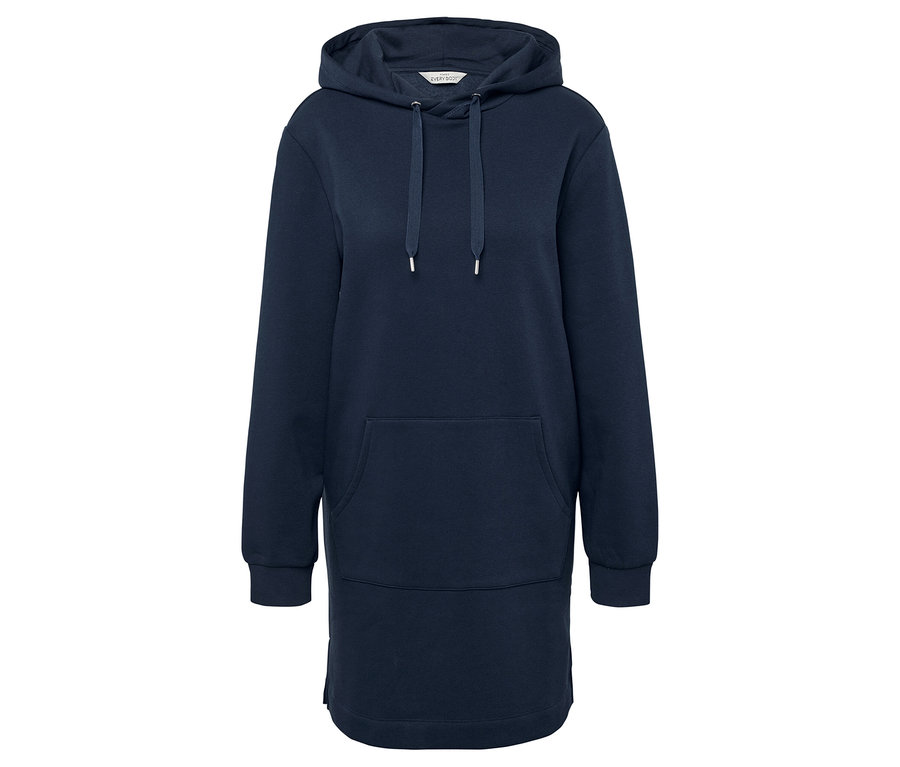 Blaues Hoodie-Kleid mit Kapuze und langen Ärmeln.