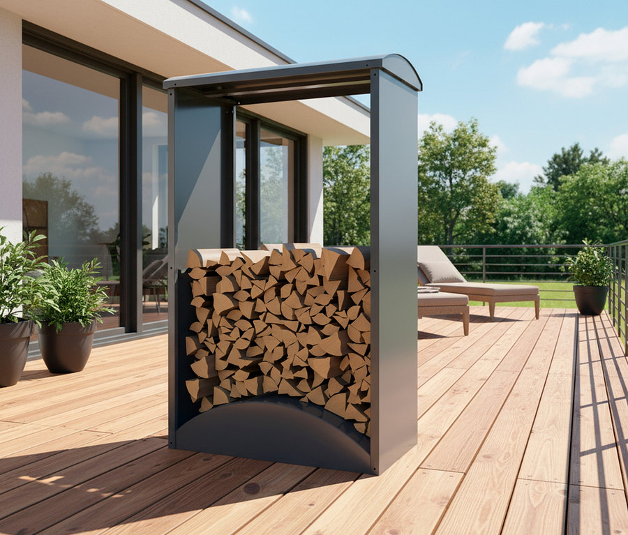 Brennholzregal aus Metall mit Holzscheiten auf einer Terrasse.