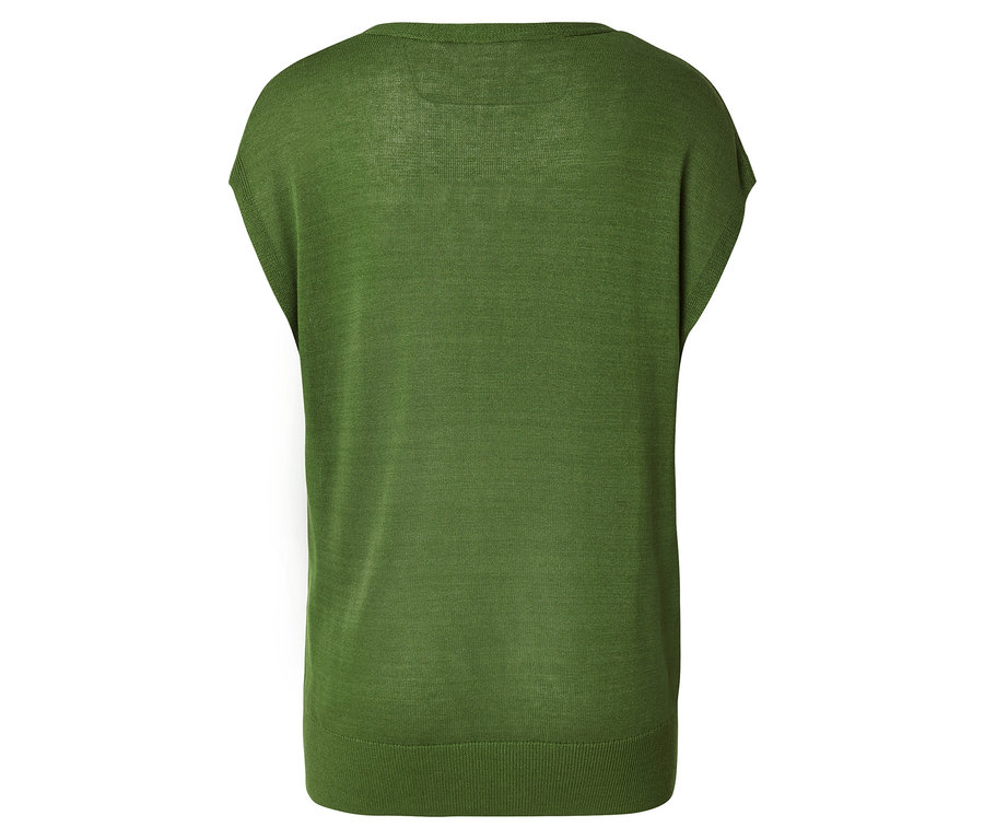 Grüner, ärmelloser Strickpullover, Rückansicht.