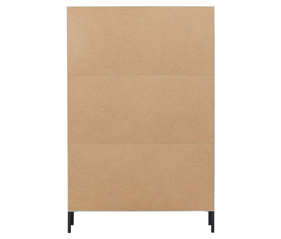 Rückansicht eines braunen Schranks mit schmalem, weißen Rand und schwarzen Füßen.