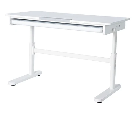 Weißer, höhenverstellbarer Schreibtisch mit einer Schublade unter der Tischplatte.