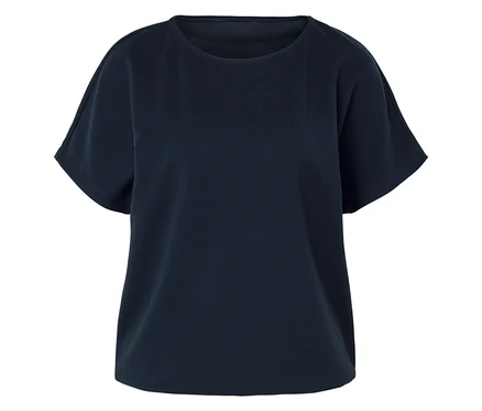 Dunkelblaues T-Shirt mit kurzen Ärmeln.