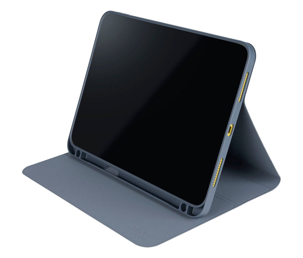 Blaues Tucano UP Tablethülle für Apple iPad 11 im Querformat, aufgestellt mit geöffnetem Cover.
