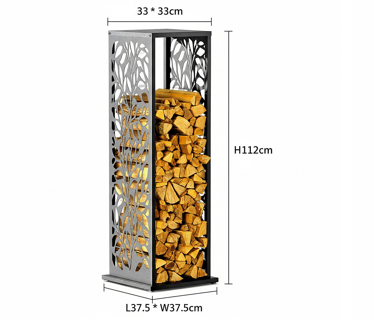 Brennholzregal aus Metall mit Baumdesign, gefüllt mit Holzscheiten, Maße sind angegeben.