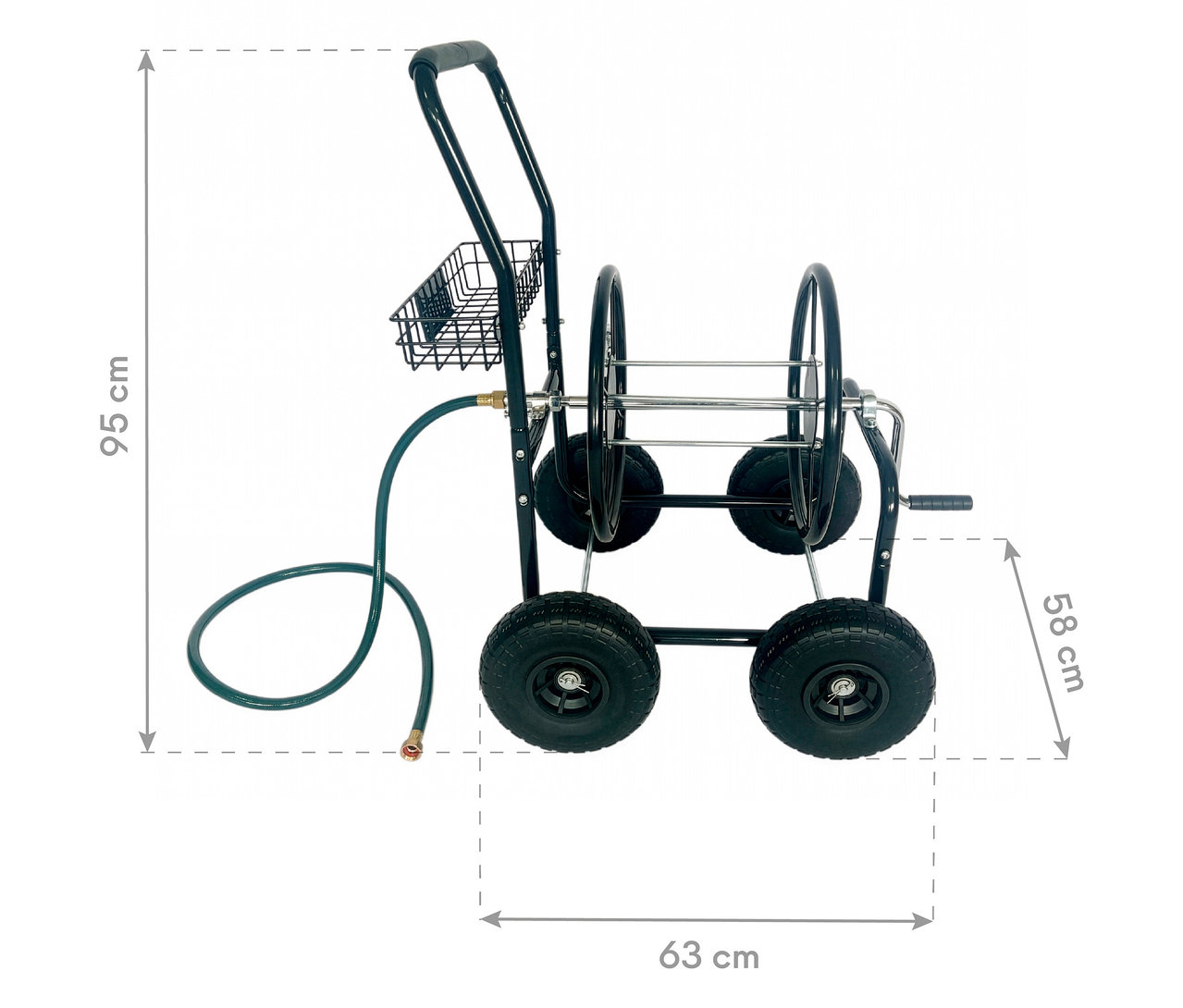 Ein schwarzer Schlauchwagen mit einem grünen Schlauch ist abgebildet.