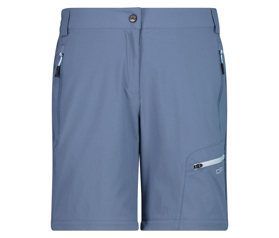Hellblaue Shorts mit Taschen und Reißverschlüssen.