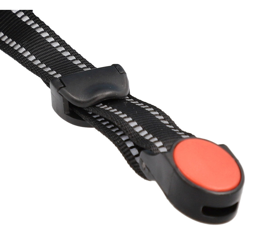 Nahaufnahme eines schwarzen Halsbandes mit einem roten Knopf.