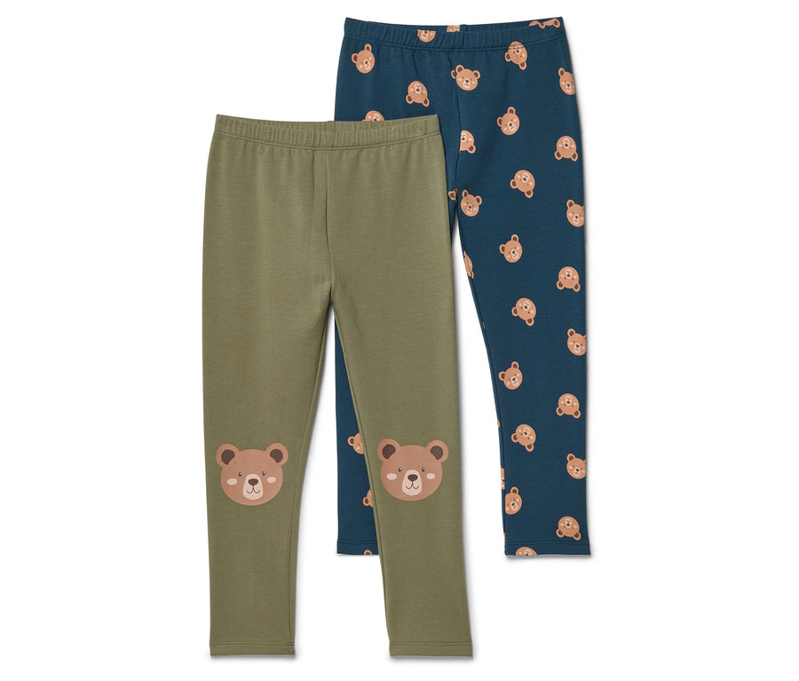 Zwei Leggings: eine olivgrün mit Bären-Applikation am Knie, eine marineblau mit Bärenmuster.
