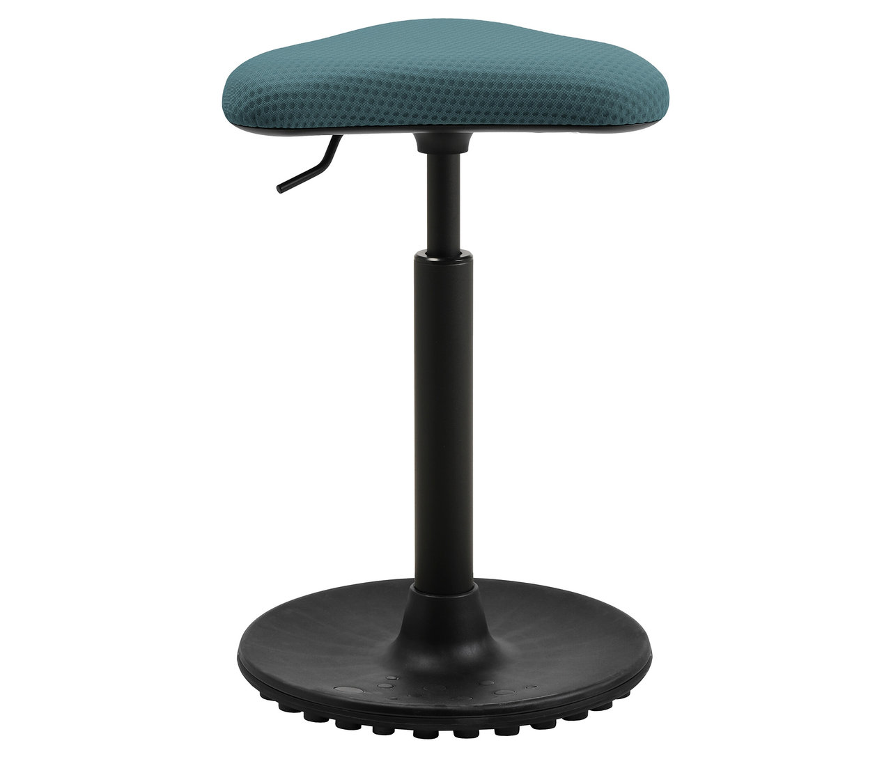 Ein Stehhocker mit einem blaugrünen, dreieckigen Sitzpolster und einem schwarzen Fuß.