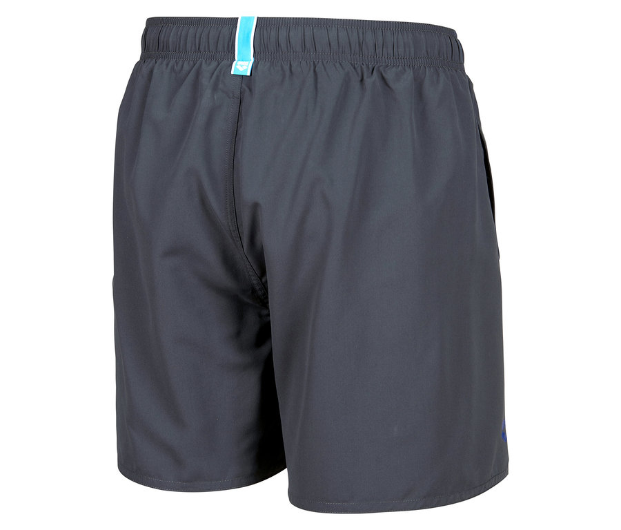 Dunkelgraue Badehose mit hellblauem Detail am Bund.