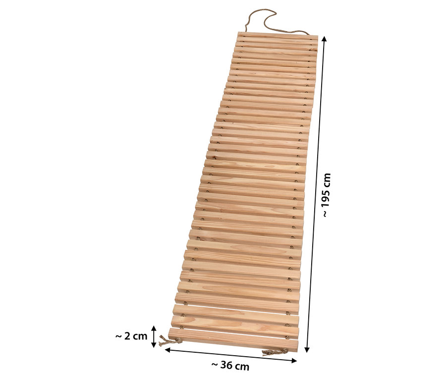 Eine Hängebrücke aus hellem Holz mit den Maßen 195 cm Länge, 36 cm Breite und 2 cm Höhe.