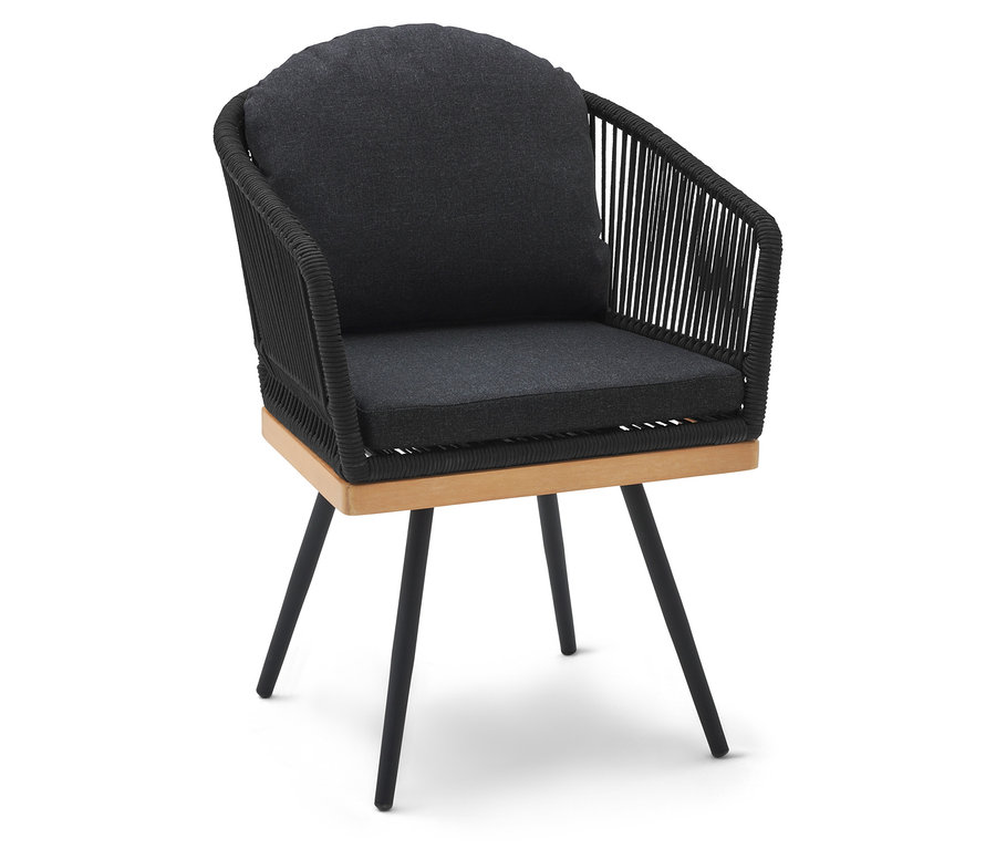 Drehbarer Gartenstuhl mit Textilgeflecht, schwarzen Beinen und grauen Kissen.