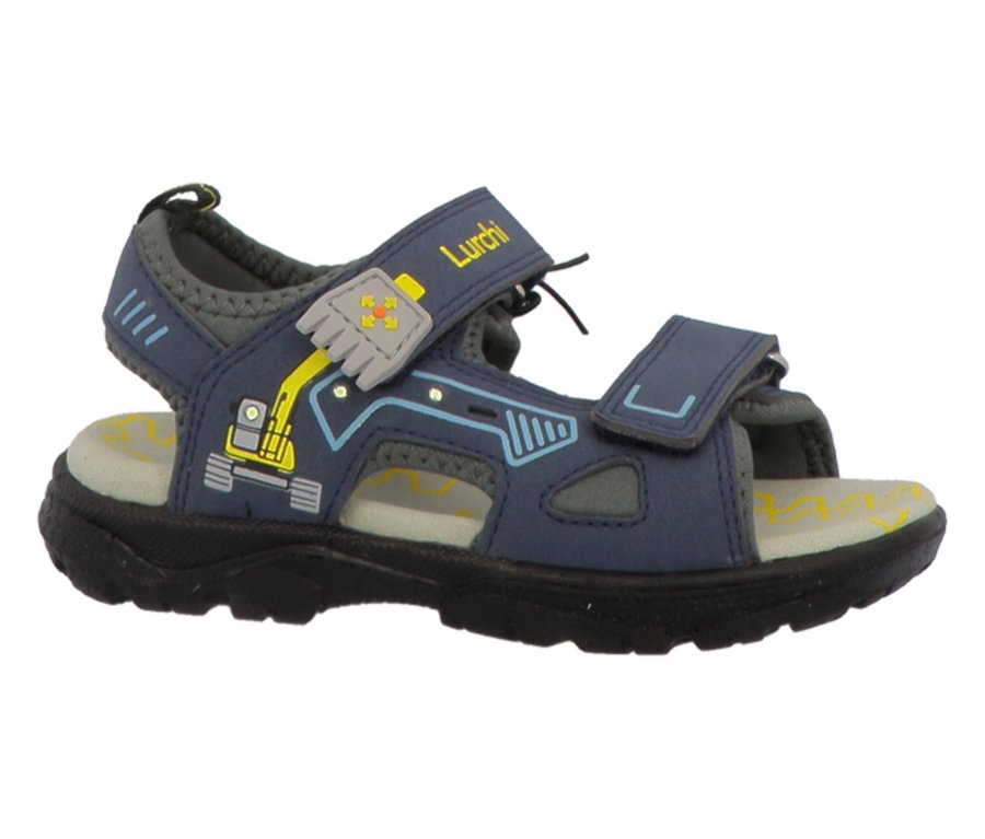 Dunkelblaue LURCHI Jungen-Sandale »Kodo« mit grauen Akzenten, drei verstellbaren Klettverschlüssen und gelbem Bagger-Motiv an der Seite. Schwarze Sohle, grau-gelbes Fußbett.