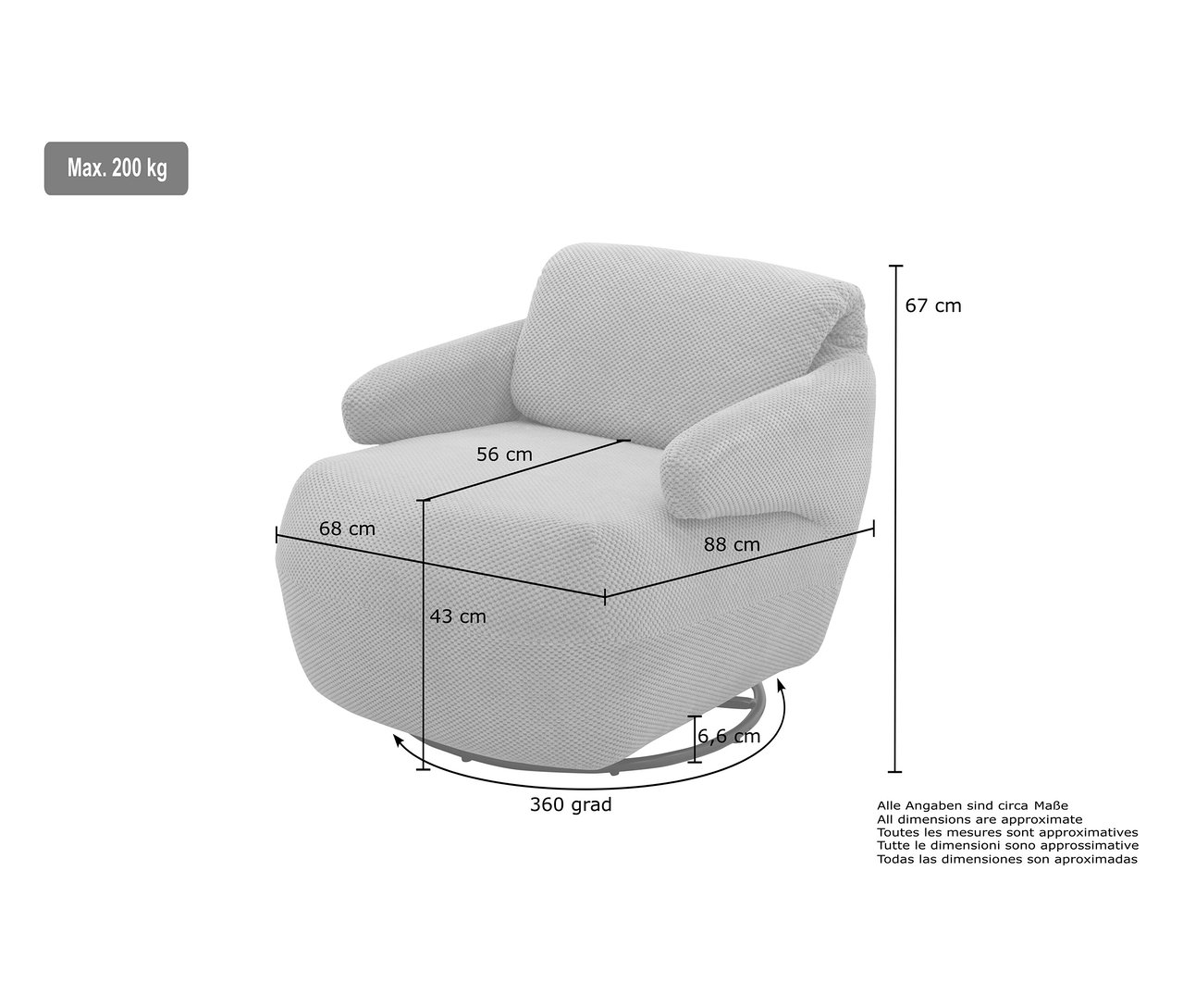 Abbildung eines Domo Drehsessels »Valencia« mit Drehfunktion in Grau, mit Maßangaben.