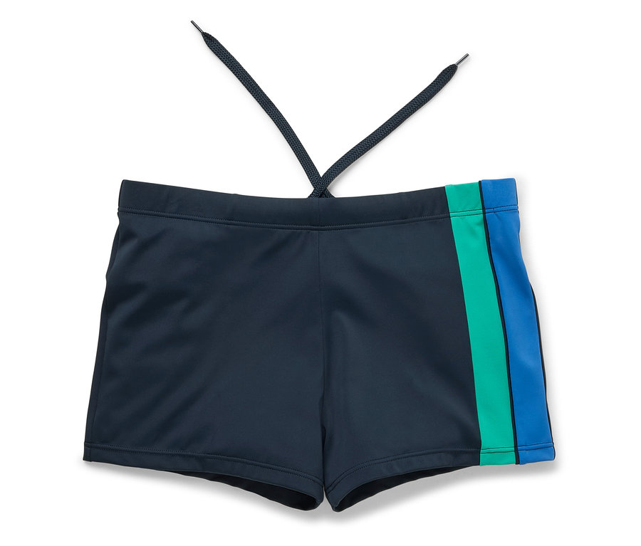 Marineblaue Badehose mit grünem und blauem Streifen am Bein.