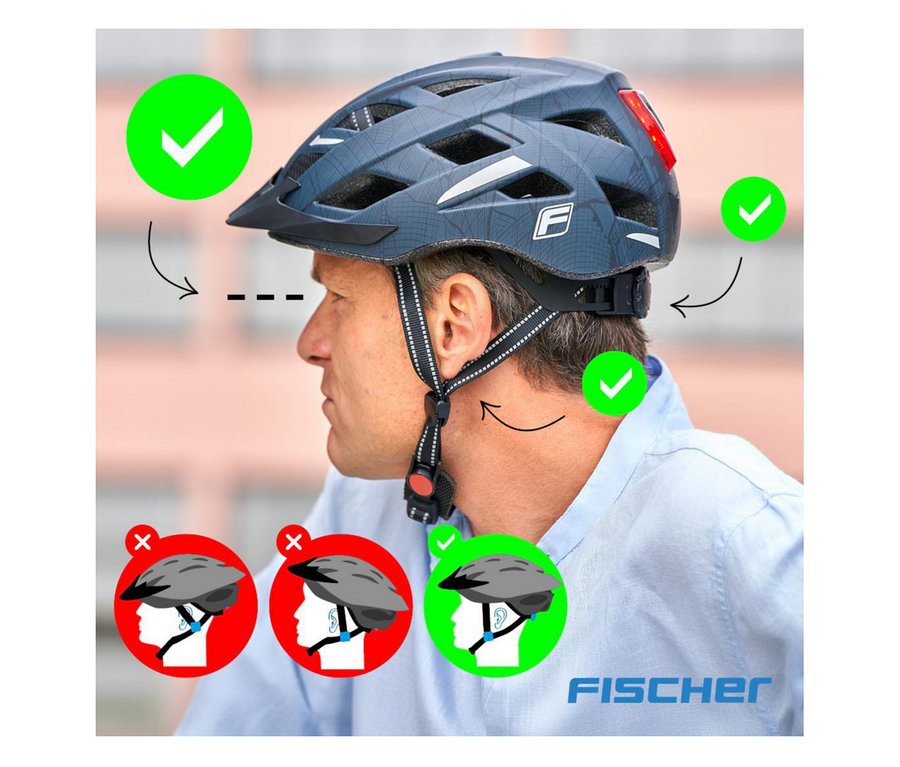 Ein Mann trägt einen grauen FISCHER Fahrradhelm Urban PLUS Miami. Grüne Häkchen zeigen die korrekte Passform.