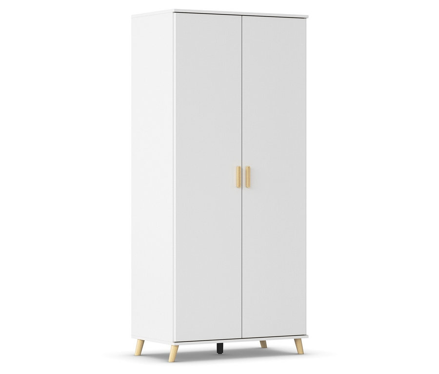 Weißer Kleiderschrank mit zwei Türen und hellbraunen Griffen und Füßen.