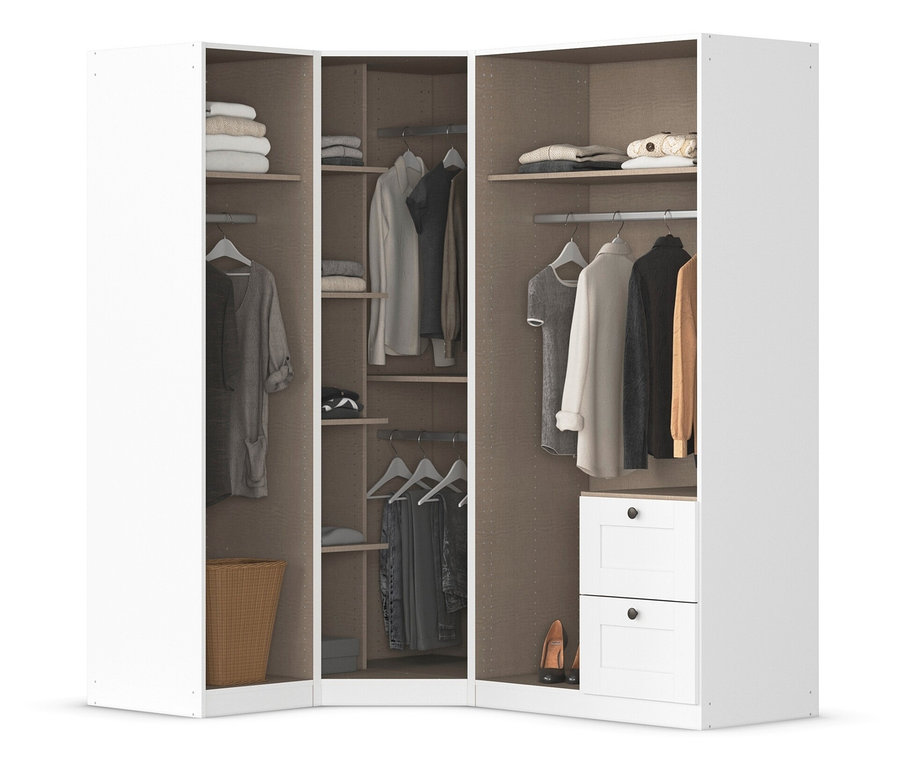 Offener, weißer Eckkleiderschrank mit Regalen, Kleiderstangen, zwei Schubladen und Kleidung.