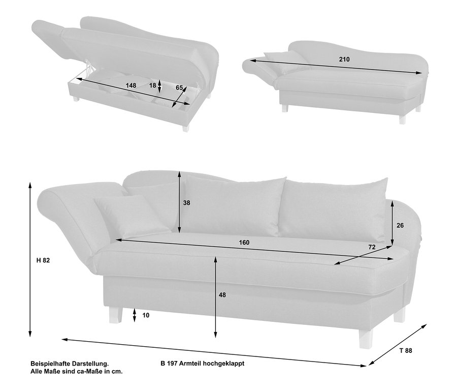 Drei Ansichten der grauen Recamiere »Saturn« mit Stauraum, links, mit Maßangaben.